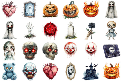 Watercolor Horror Halloween Clipart PNG Bundle