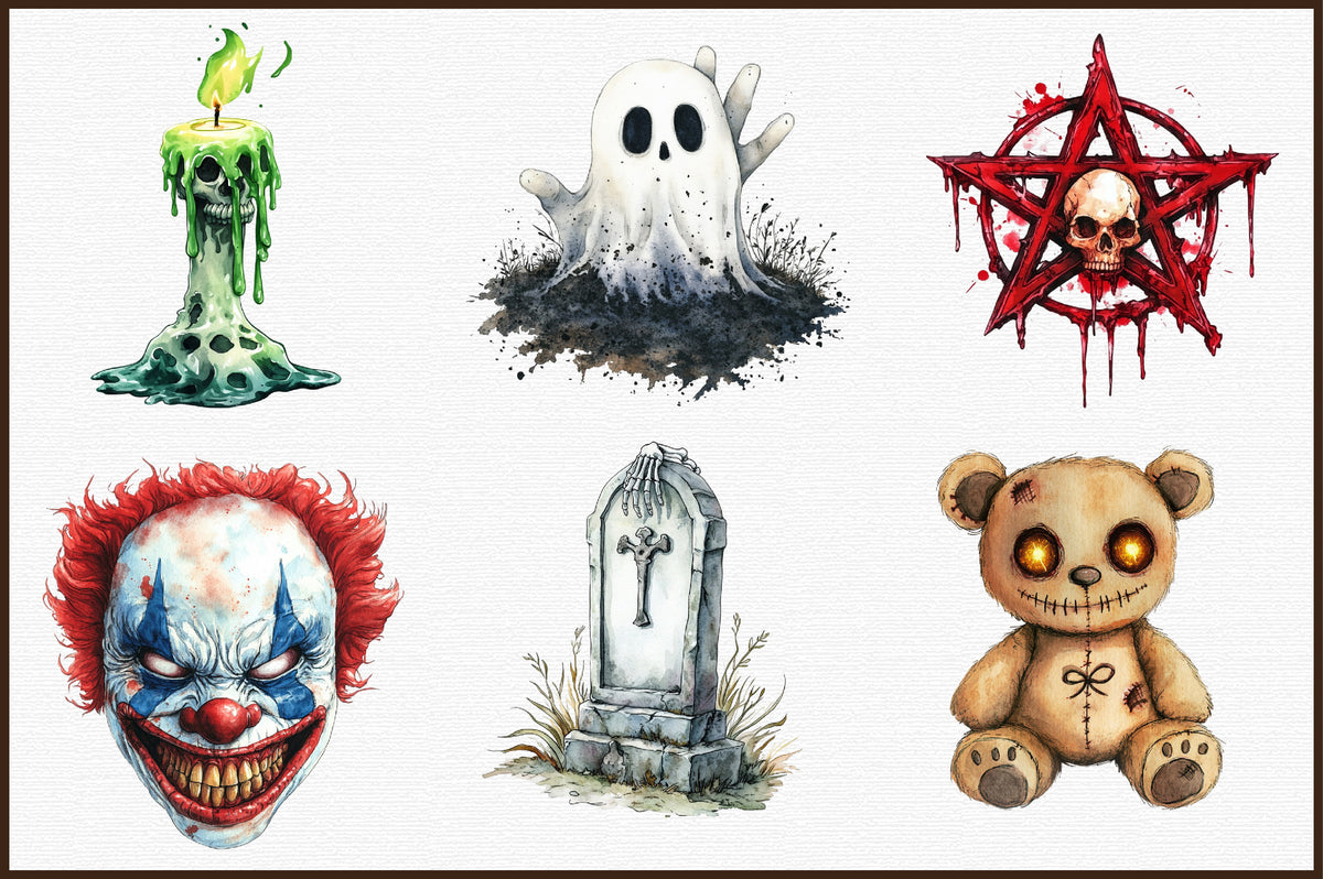 Watercolor Horror Halloween Clipart PNG Bundle
