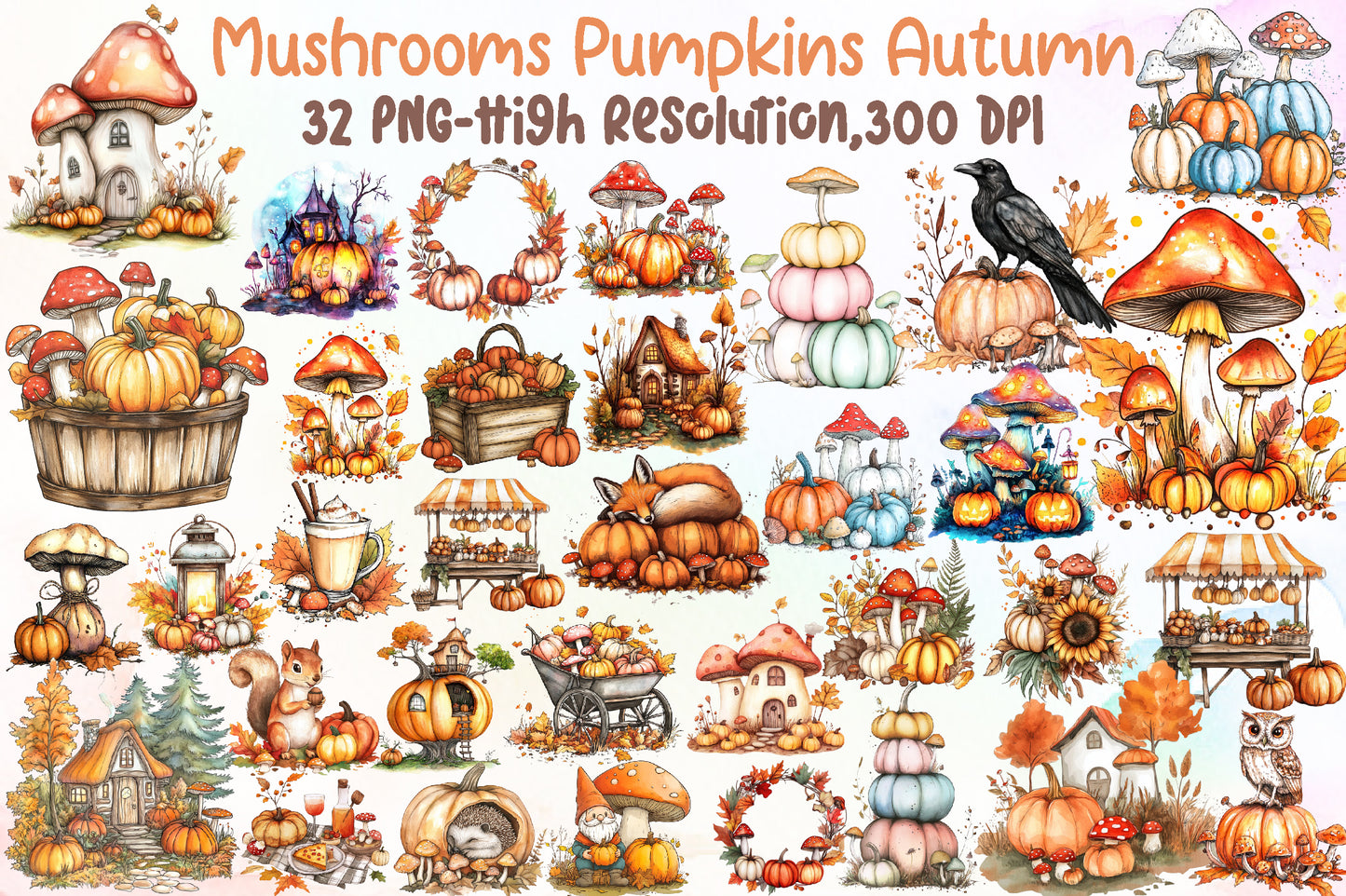 Mushrooms Pumpkins Autumn PNG Bundle Watercolor Clipart