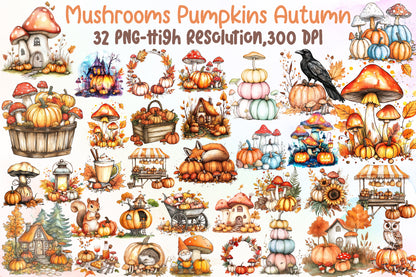 Mushrooms Pumpkins Autumn PNG Bundle Watercolor Clipart