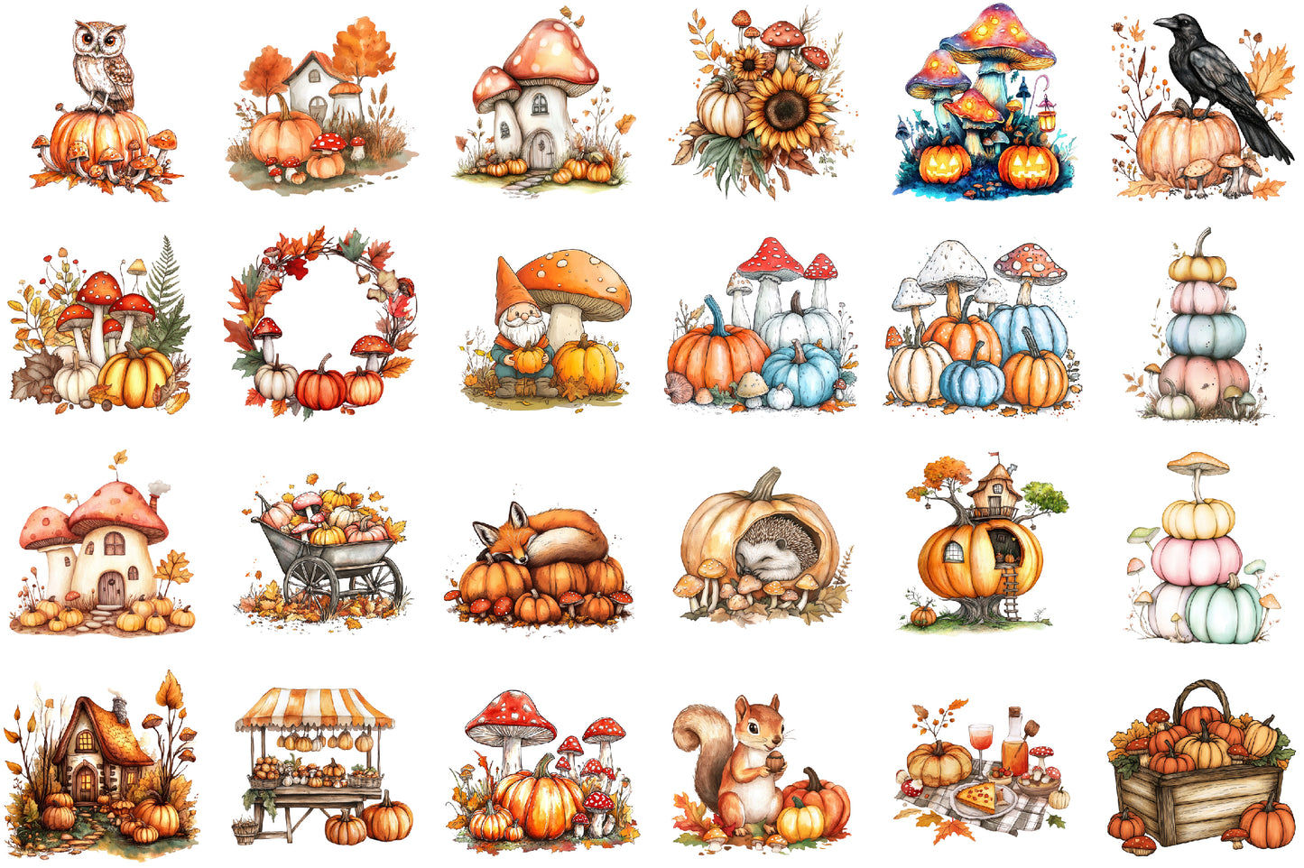 Mushrooms Pumpkins Autumn PNG Bundle Watercolor Clipart