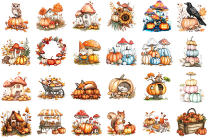Mushrooms Pumpkins Autumn PNG Bundle Watercolor Clipart
