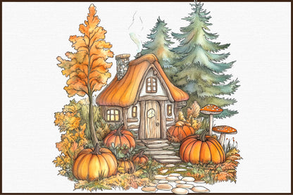 Mushrooms Pumpkins Autumn PNG Bundle Watercolor Clipart