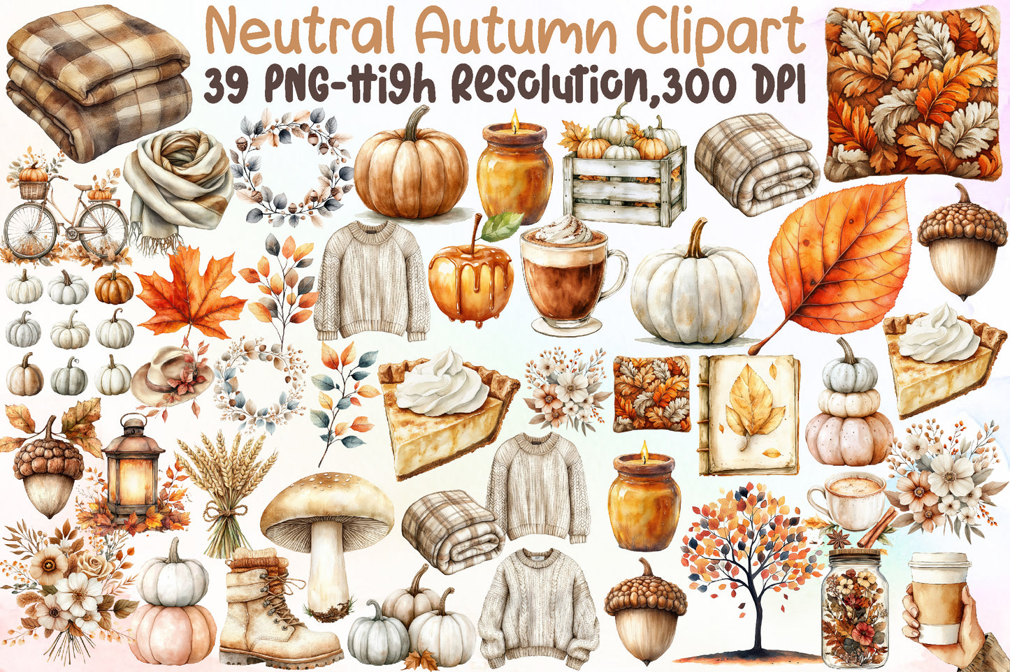 Neutral Autumn PNG Bundle Watercolor Fall Cozy Clipart