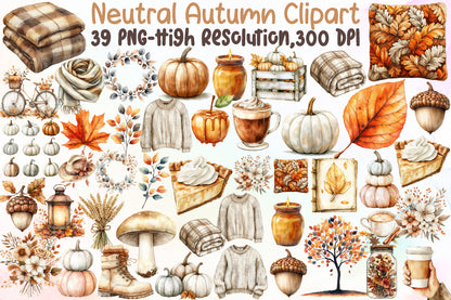 Neutral Autumn PNG Bundle Watercolor Fall Cozy Clipart