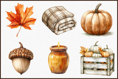 Neutral Autumn PNG Bundle Watercolor Fall Cozy Clipart