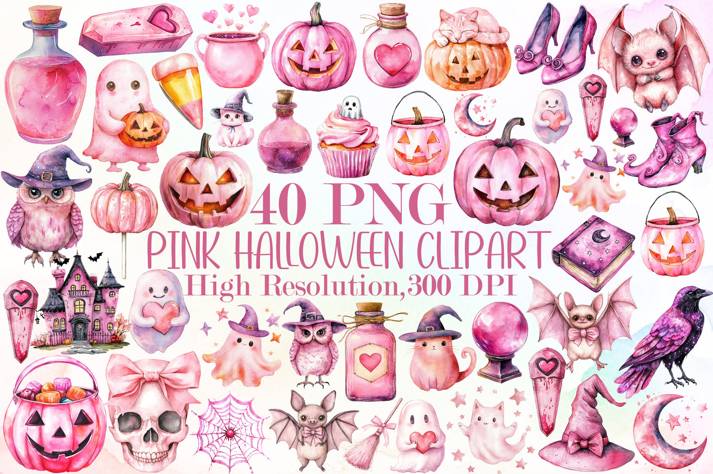 Pink Halloween PNG Bundle Watercolor Spooky Cute Clipart