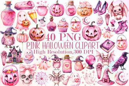 Pink Halloween PNG Bundle Watercolor Spooky Cute Clipart