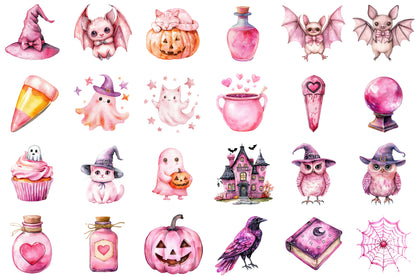 Pink Halloween PNG Bundle Watercolor Spooky Cute Clipart