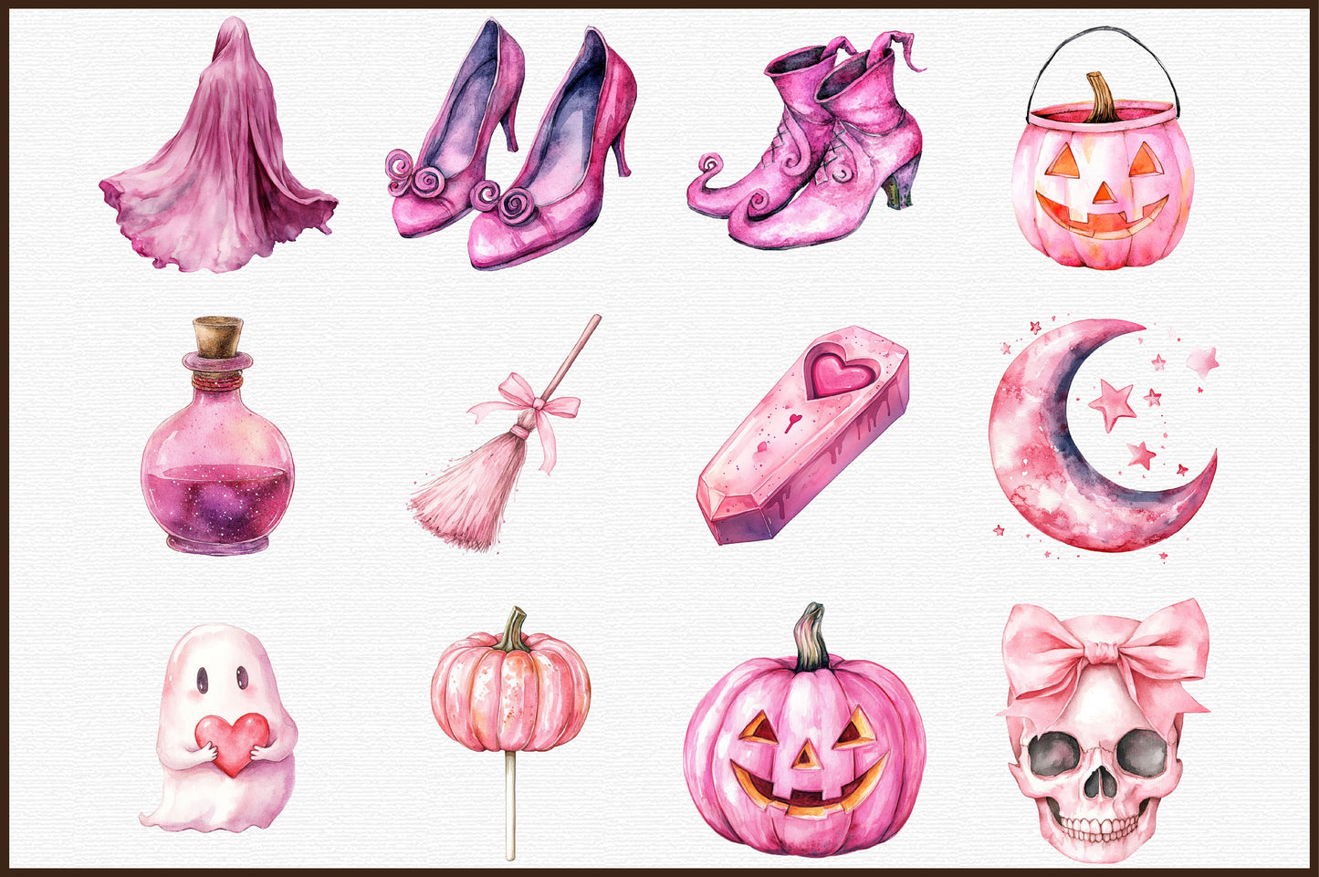 Pink Halloween PNG Bundle Watercolor Spooky Cute Clipart