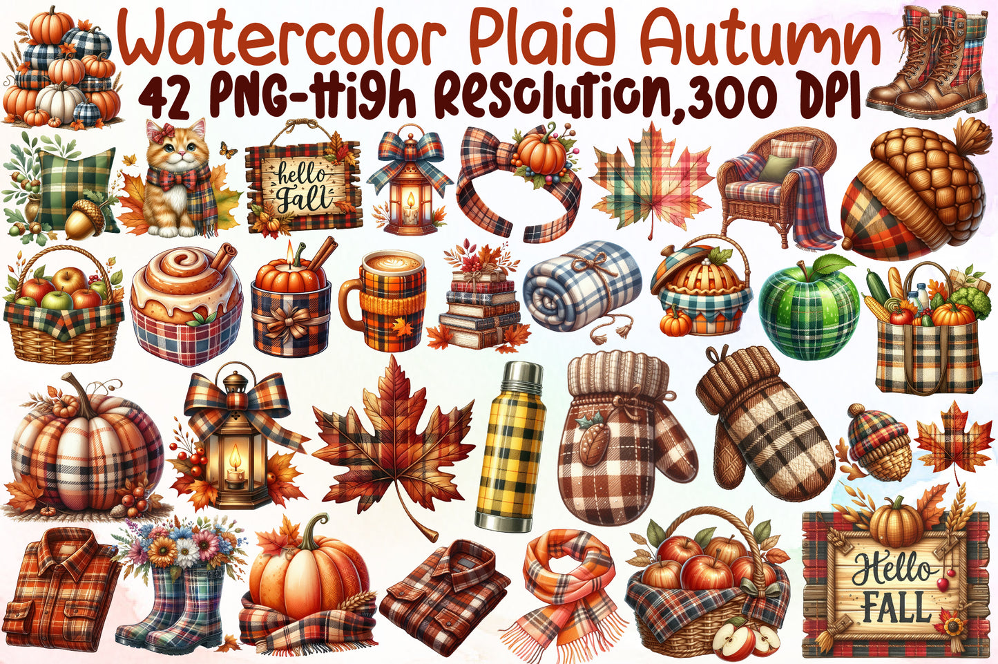 Watercolor Plaid Autumn Clipart PNG Bundle