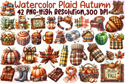 Watercolor Plaid Autumn Clipart PNG Bundle