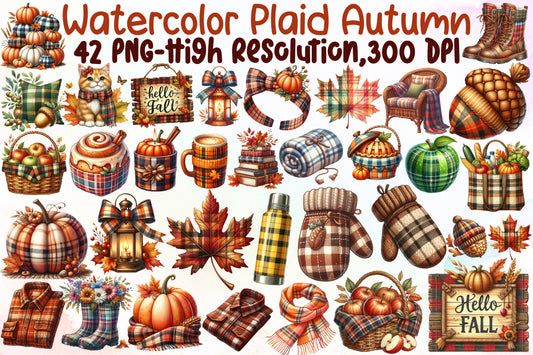 Watercolor Plaid Autumn Clipart PNG Bundle