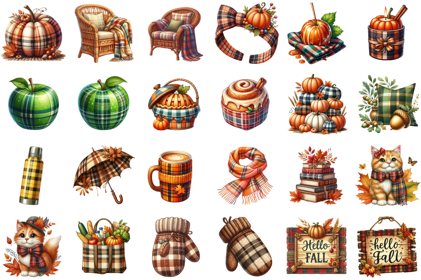 Watercolor Plaid Autumn Clipart PNG Bundle