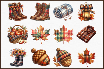 Watercolor Plaid Autumn Clipart PNG Bundle