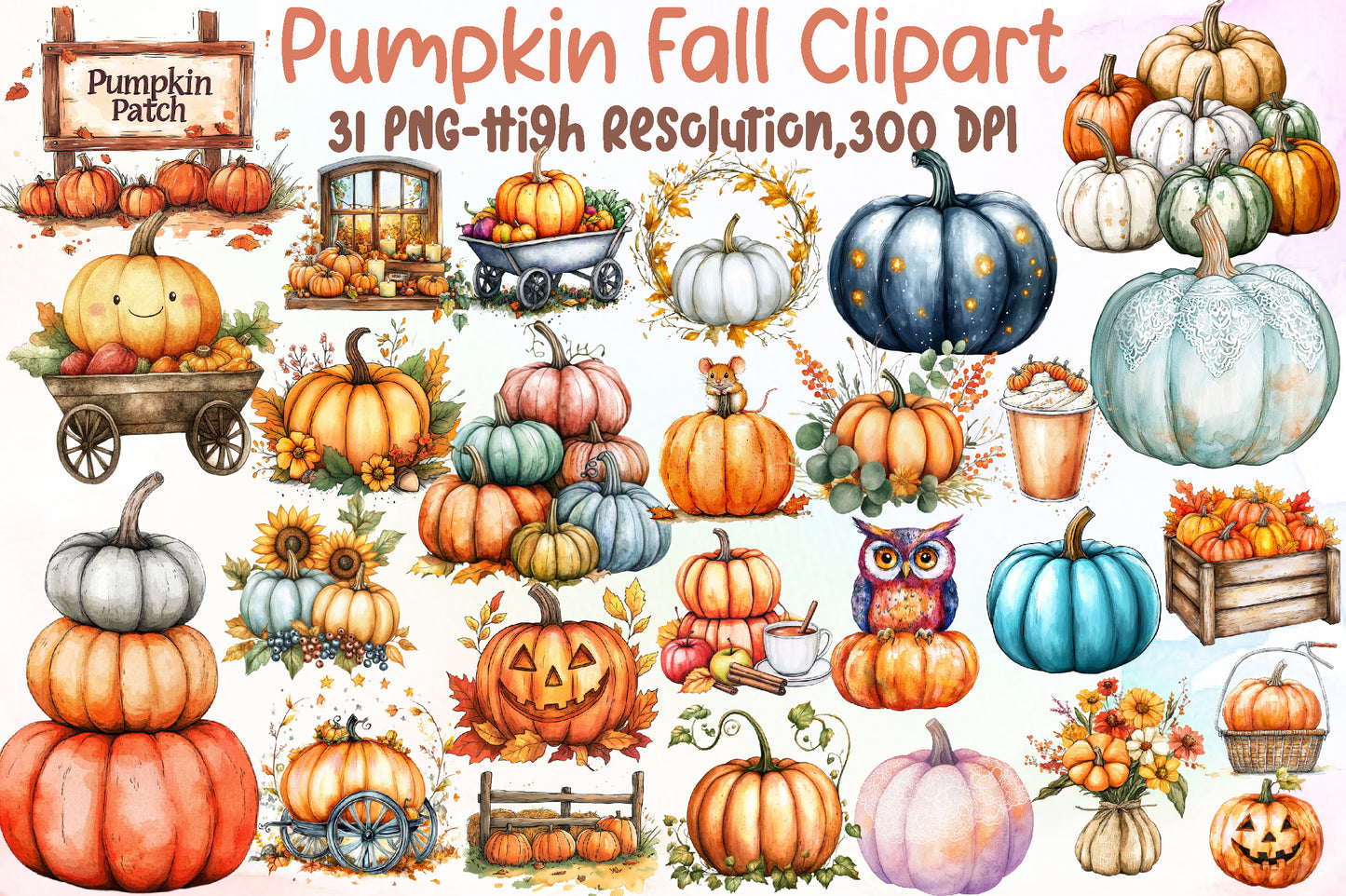 Watercolor Pumpkin PNG Bundle Fall Autumn Clipart