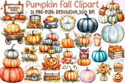 Watercolor Pumpkin PNG Bundle Fall Autumn Clipart