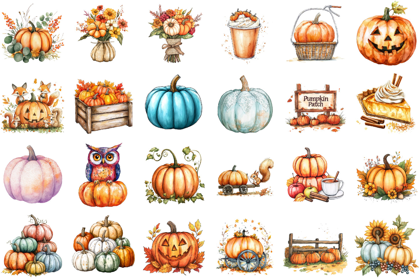 Watercolor Pumpkin PNG Bundle Fall Autumn Clipart