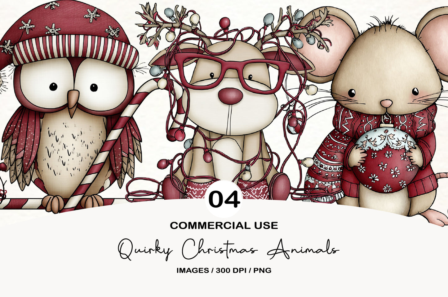 Watercolor Quirky Christmas Animals Clipart PNG Bundle | Cute Holiday Woodland Animal Clipart | Festive Winter Animals