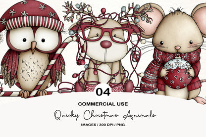 Watercolor Quirky Christmas Animals Clipart PNG Bundle | Cute Holiday Woodland Animal Clipart | Festive Winter Animals