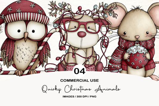 Watercolor Quirky Christmas Animals Clipart PNG Bundle | Cute Holiday Woodland Animal Clipart | Festive Winter Animals