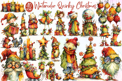 Watercolor Quirky Christmas Clipart Bundle Cute Whimsical Holiday Characters PNG