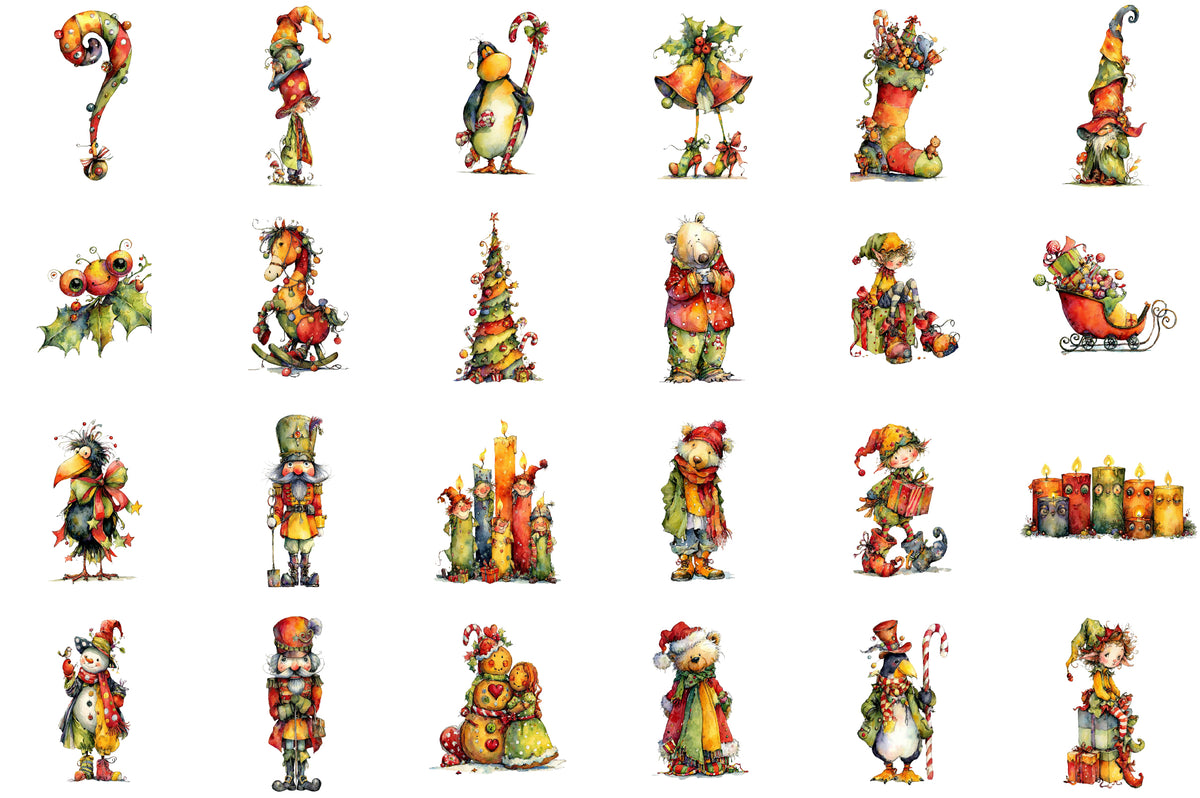 Watercolor Quirky Christmas Clipart Bundle Cute Whimsical Holiday Characters PNG