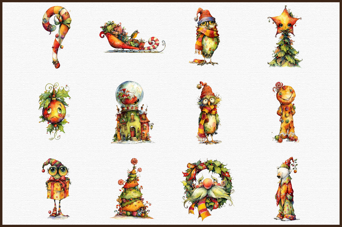 Watercolor Quirky Christmas Clipart Bundle Cute Whimsical Holiday Characters PNG