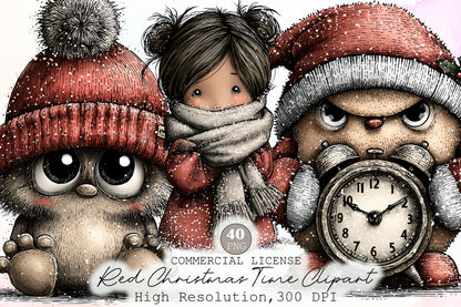 Watercolor Red Christmas Time Clipart Bundle Cute Winter Characters PNG