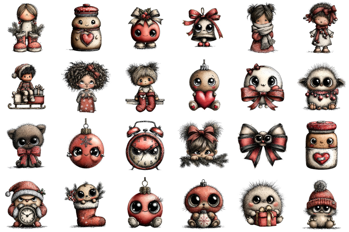 Watercolor Red Christmas Time Clipart Bundle Cute Winter Characters PNG