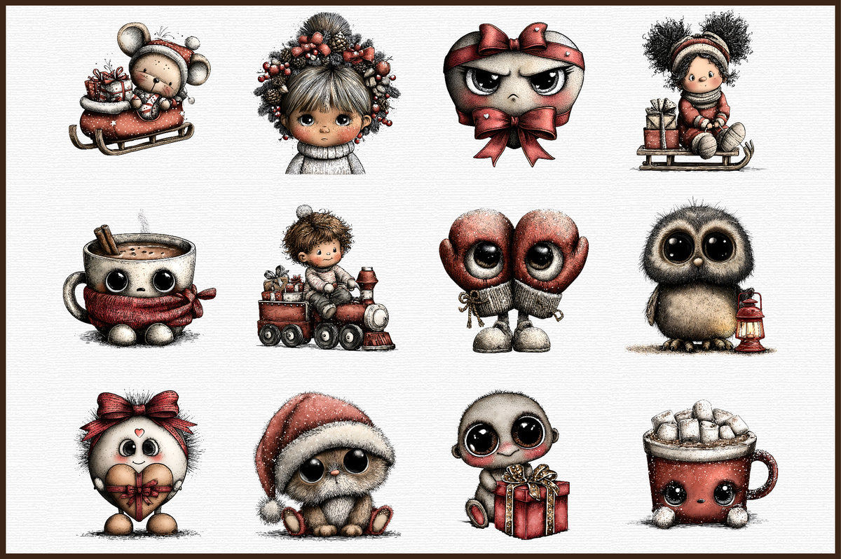 Watercolor Red Christmas Time Clipart Bundle Cute Winter Characters PNG
