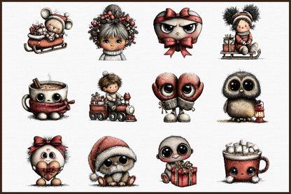 Watercolor Red Christmas Time Clipart Bundle Cute Winter Characters PNG