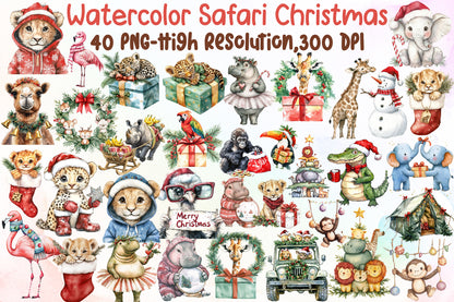 Watercolor Safari Christmas Clipart PNG Bundle