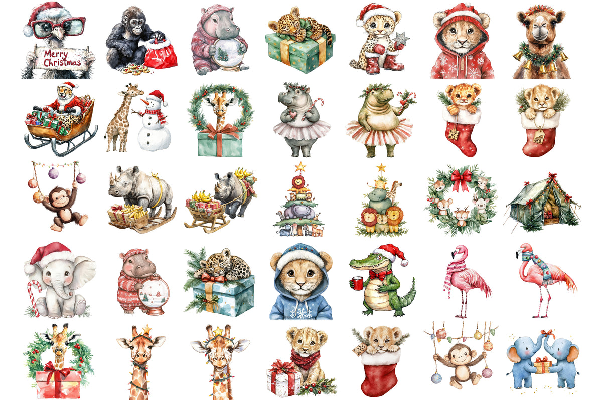 Watercolor Safari Christmas Clipart PNG Bundle