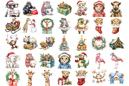 Watercolor Safari Christmas Clipart PNG Bundle