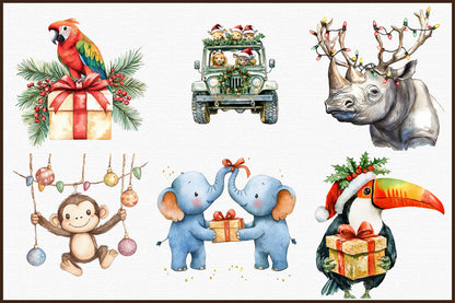 Watercolor Safari Christmas Clipart PNG Bundle