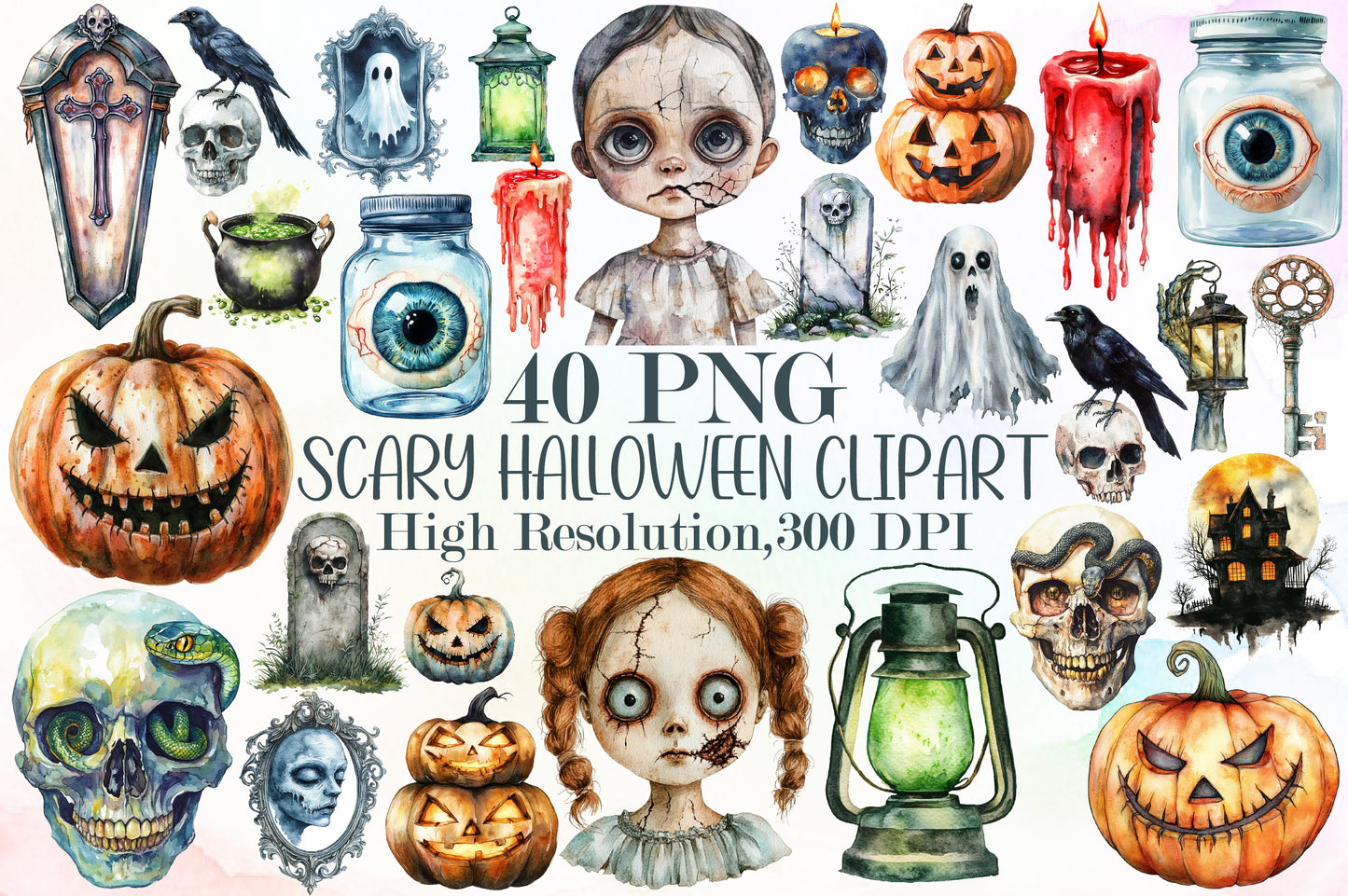 Scary Halloween PNG Bundle Watercolor Spooky Clipart