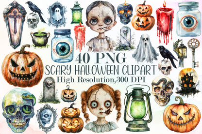 Scary Halloween PNG Bundle Watercolor Spooky Clipart