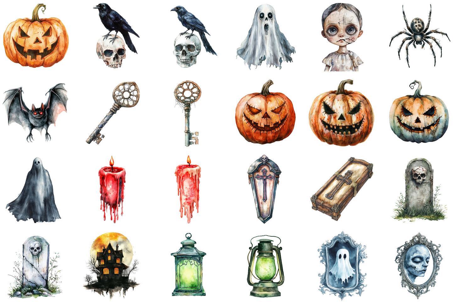 Scary Halloween PNG Bundle Watercolor Spooky Clipart