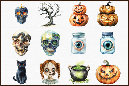 Scary Halloween PNG Bundle Watercolor Spooky Clipart