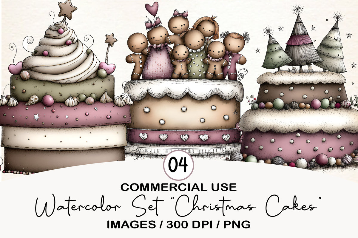 Watercolor Christmas Cakes Clipart PNG