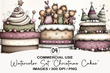 Watercolor Christmas Cakes Clipart PNG