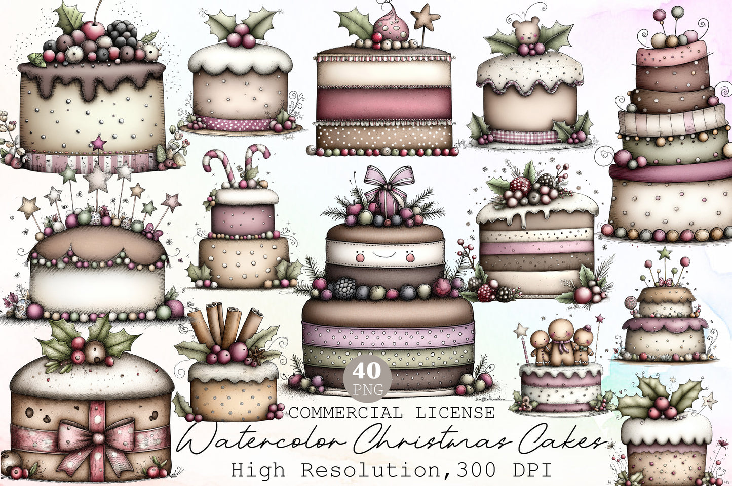 Watercolor Christmas Cakes Clipart Bundle Cute Whimsical Holiday Dessert PNG