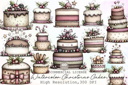 Watercolor Christmas Cakes Clipart Bundle Cute Whimsical Holiday Dessert PNG