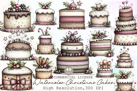 Watercolor Christmas Cakes Clipart Bundle Cute Whimsical Holiday Dessert PNG