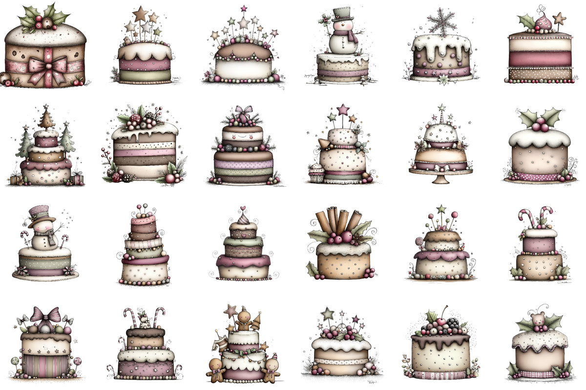 Watercolor Christmas Cakes Clipart Bundle Cute Whimsical Holiday Dessert PNG