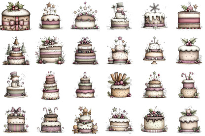 Watercolor Christmas Cakes Clipart Bundle Cute Whimsical Holiday Dessert PNG