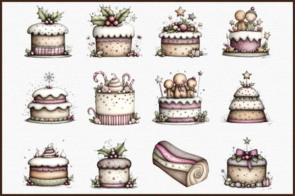 Watercolor Christmas Cakes Clipart Bundle Cute Whimsical Holiday Dessert PNG