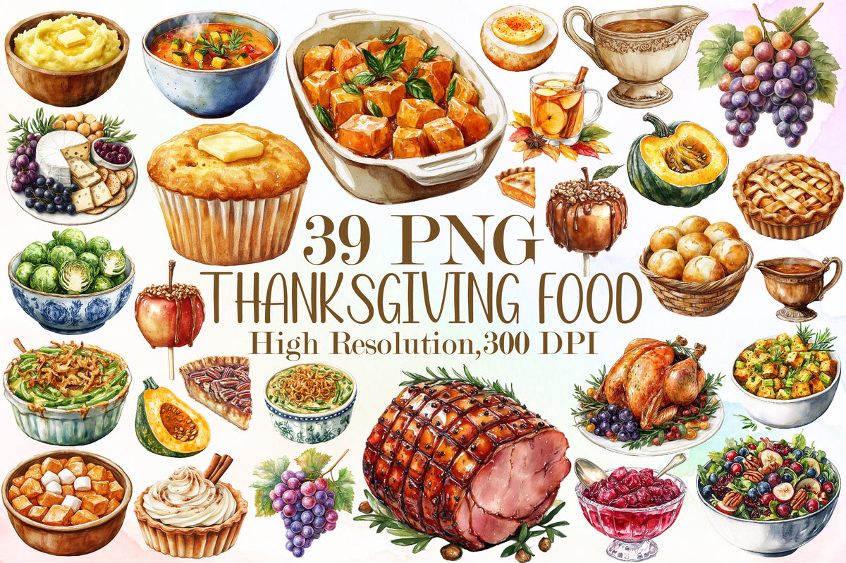 Watercolor Thanksgiving Food Clipart PNG Bundle