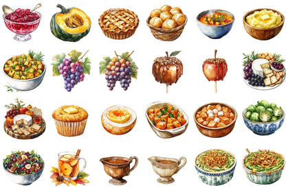 Watercolor Thanksgiving Food Clipart PNG Bundle